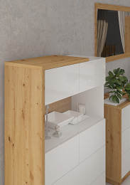 Hybrid előszoba bútor tükörrel - Artisan tölgy - Fényes fehér - Bézs huzat