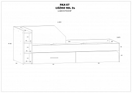 Pax 90L ágykeret 2 fiók balos - Endgrain tölgy - Fehér - Beton szürke
