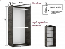 PRT-100 tolóajtós akasztós sarok gardróbszekrény 100 cm