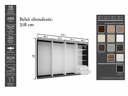 PRT-318 tolóajtós akasztós polcos fiókos gardróbszekrény 318 cm