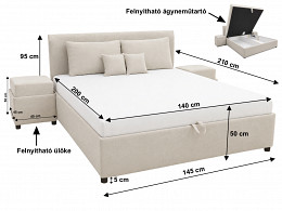 Texas kárpitozott ágyneműtartós bonellrugós franciaágy 2 db nyitható ülőkével, 140x200