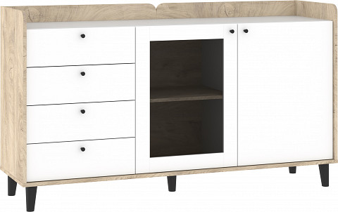 Dolce vitrines komód 1 üvegajtó 1 ajtó 4 fiók - Endgrain tölgy - Fényes fehér