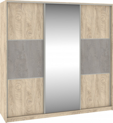 Rico L 220C háromajtós tolóajtós gardróbszekrény tükörrel - Endgrain tölgy - Endgrain tölgy - Beton szürke